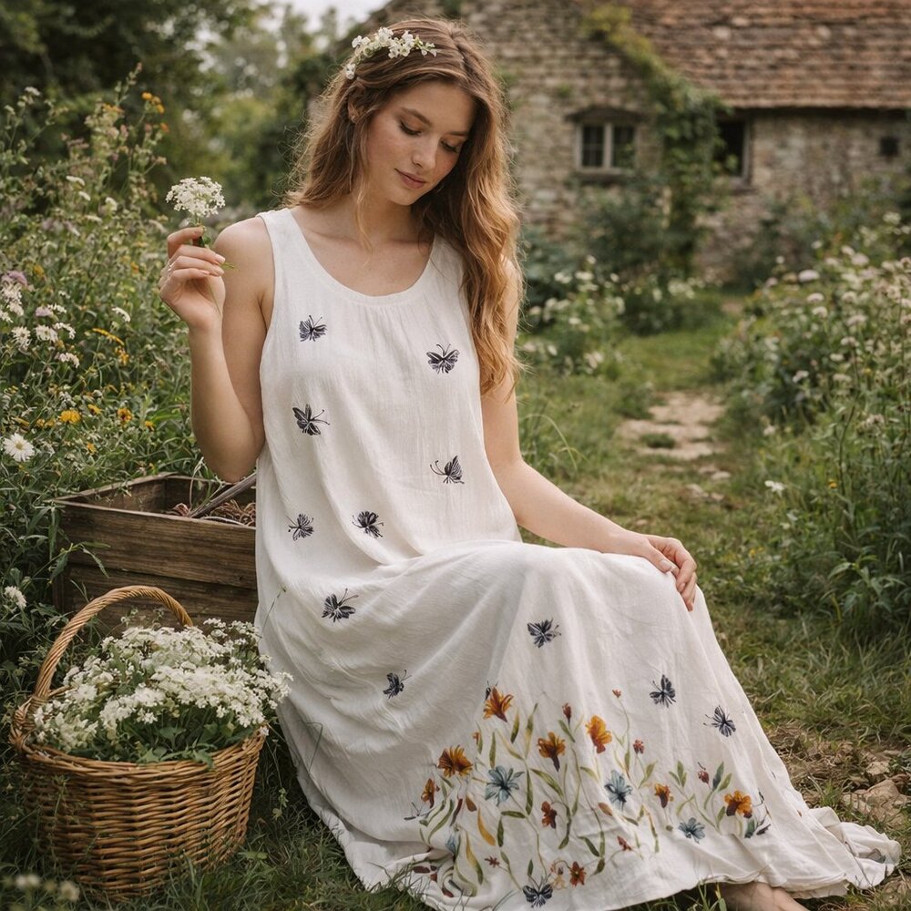 Vintage Wind River Butterfly Floral Maxi Dress Small Boho Cottagecore Rayon
